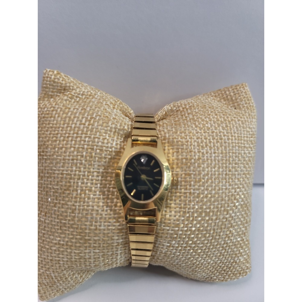 Vintage Armitron Diamond Quartz Women's Watch Gold Tone Stretch Band Black Dial